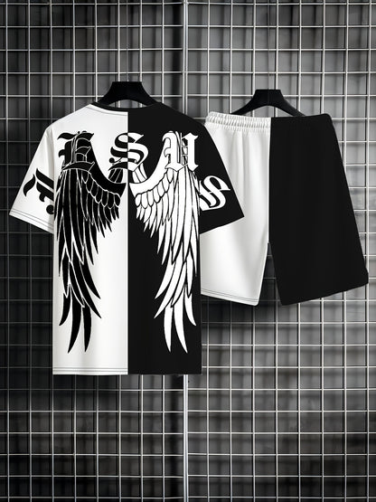 Men's Summer Fashion 2pcs Set: Gothic Wings Print T-Shirt & Shorts - Casual Beachwear, Athletic Loungewear, Machine Washable
