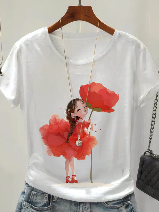 Women's Casual Cotton Crew Neck T-Shirt with Graphic Print - ayq
