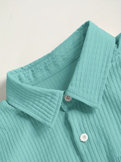 Summer Men'S Casual Bread Pattern Texture Short Sleeve Long Pants Shirt Set, 100% Polyester, Double Pocket Shirt, Turnover Woven Top Can Be Machine Washed and Dry Cleaned