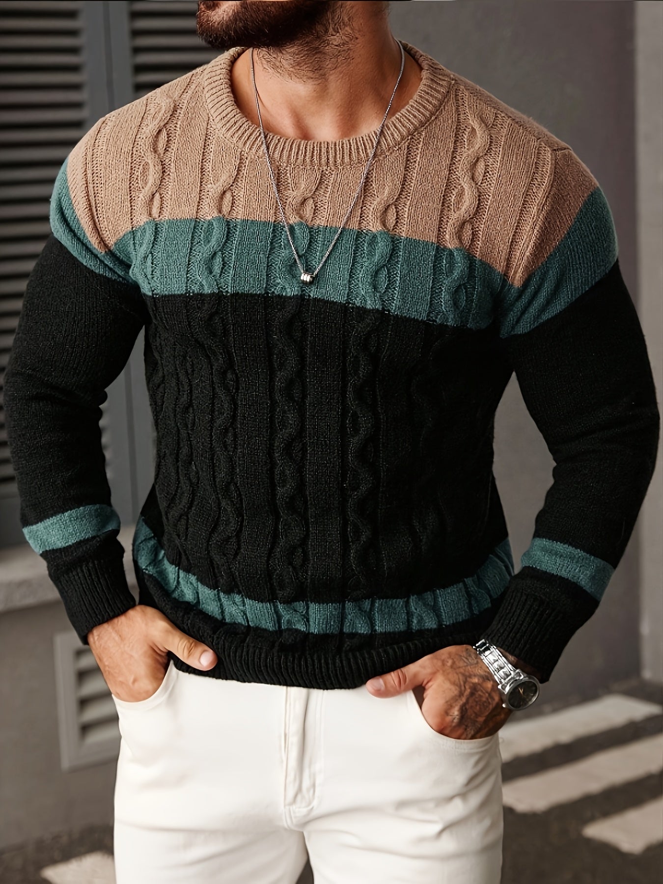 Men's Color-blocked Tweed Knitted Sweater, Round-neck Long-sleeved Knitted Color-blocked Light Gray for Business and Casual Outings