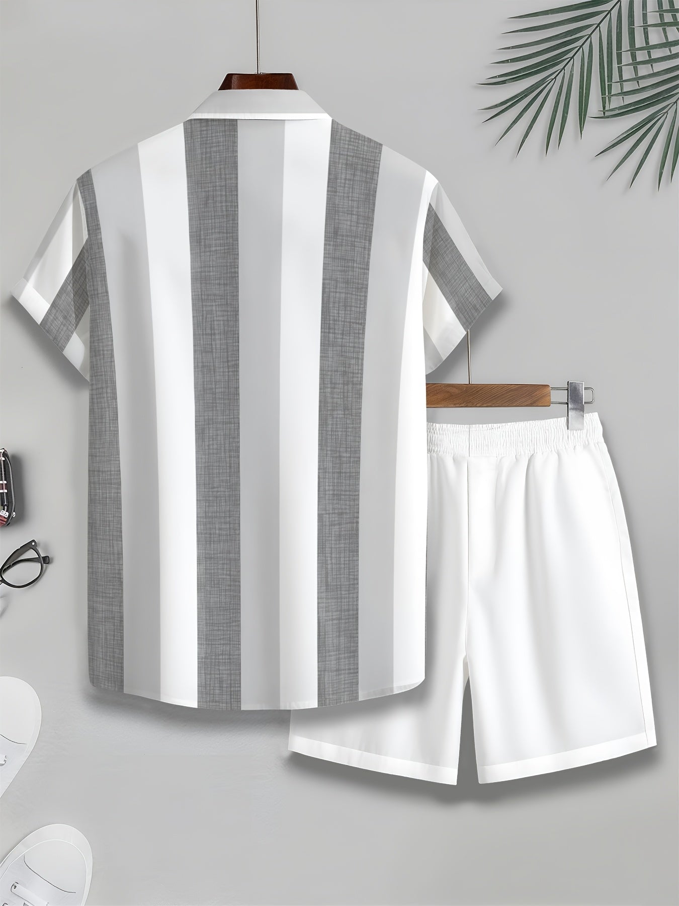 Men's Summer Casual Set: Gray White Stripe Shirt & White Shorts