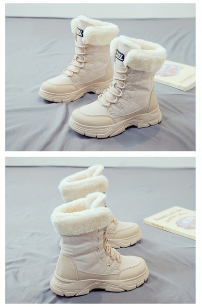 Women'S Winter Boots - Thick Platform Sole for Height & Traction, Lace-Up Mid-Calf Boots with PU Synthetic Cover Upper, Non-Slip PVC Outsole - Beige/White Cold Weather Shoes for Everyday, Formal, Party - Easy-Clean & Durable