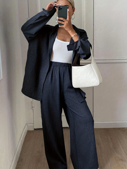 Elegant Women's Loose Two-Piece Set with Solid Polyester Pants