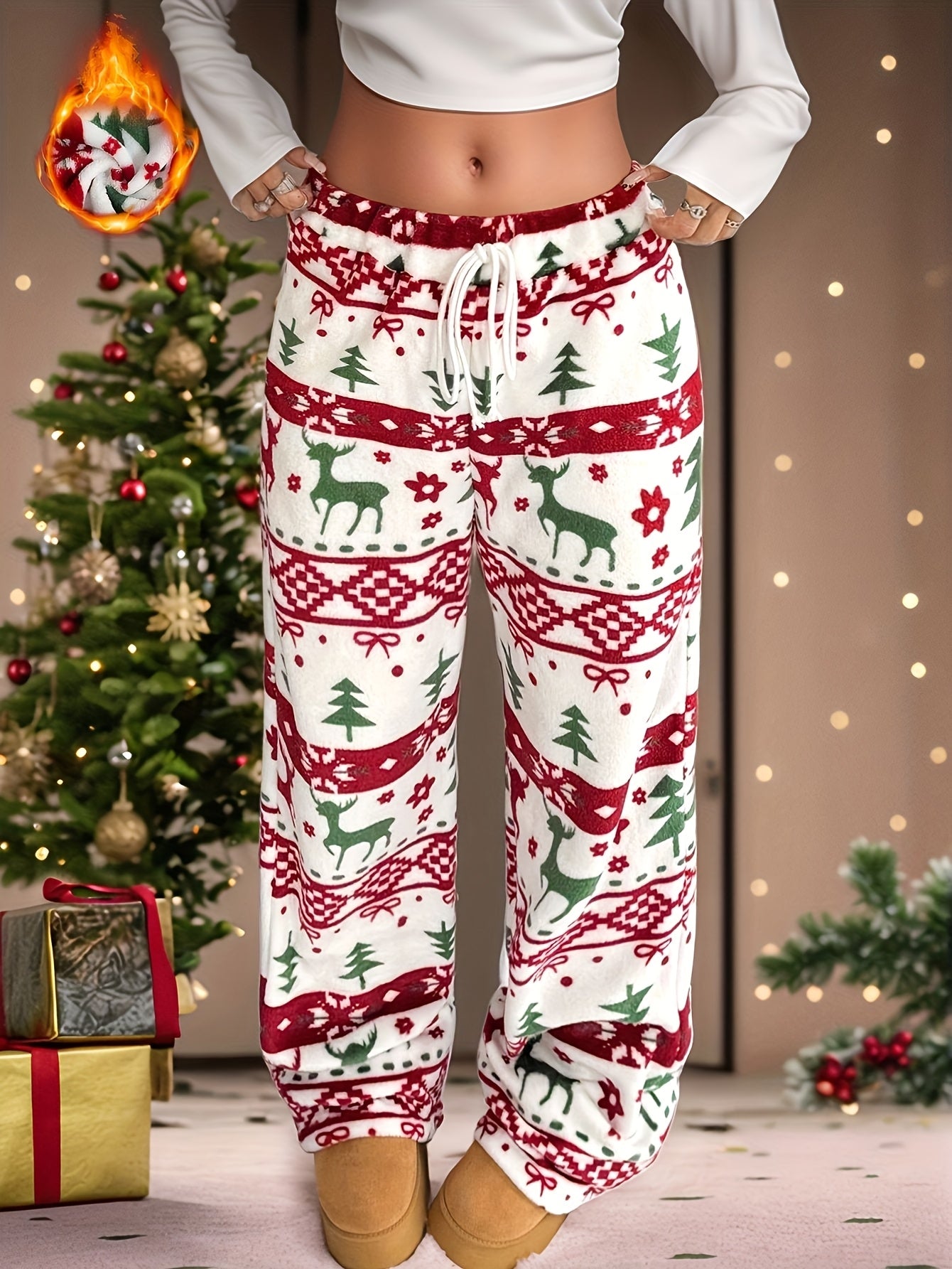 Women's Elegant Red & White Christmas Snowflake Reindeer Plaid Winter Trousers - Straight-Leg Warm Pants with Elastic Waist (No Buttons/Zippers), Machine Washable for Holiday Parties, New Year's & Casual Outfits (Festive Styl