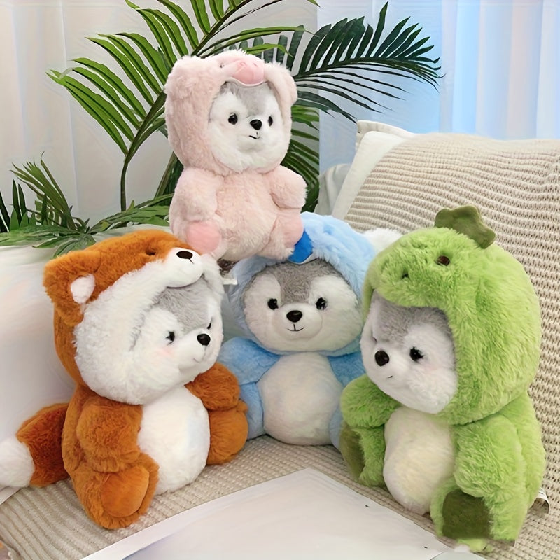 20Cm/7.87In - Adorable Transforming Husky Plush Toy, Featuring a Dinosaur, Pig, Fox, And Koala Headgear. Perfect for Home Decor And an Excellent Choice for Birthday Gifts