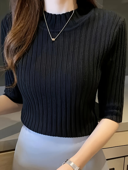 Women's Elegant Solid Color Ribbed Pullover Top - Short Sleeve Regular Fit Machine-Washable All-Season Versatile Blouse for Casual & Formal Wear