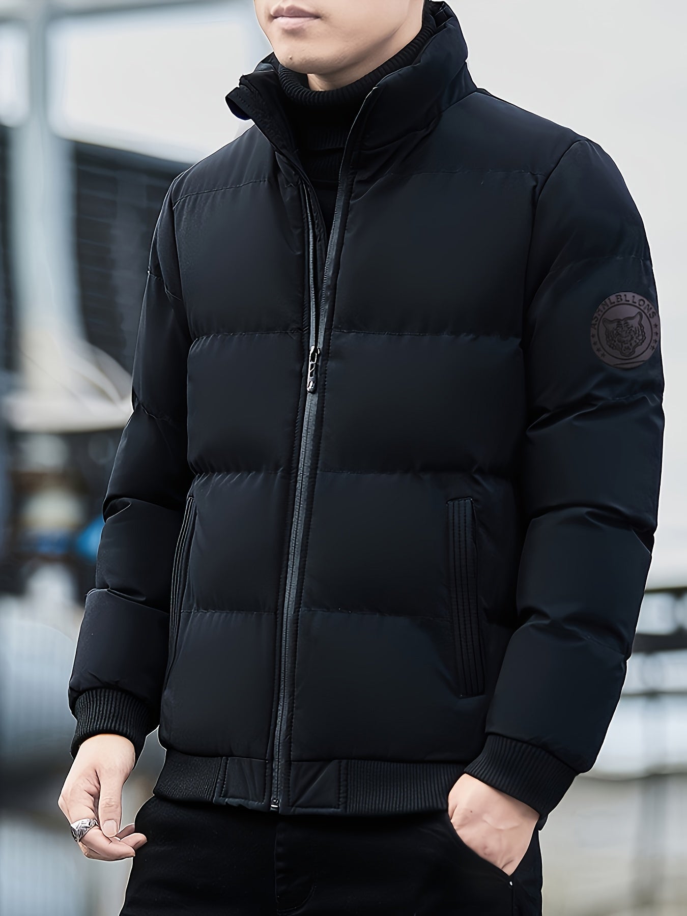 Men'S Stylish Tiger Head Jacket - Black, Red & White, Zip-Up, Stand Collar, Polyester, Casual Outdoor Wear, Casual Winter Wear | Stylish Jacket | Zippered Jacket