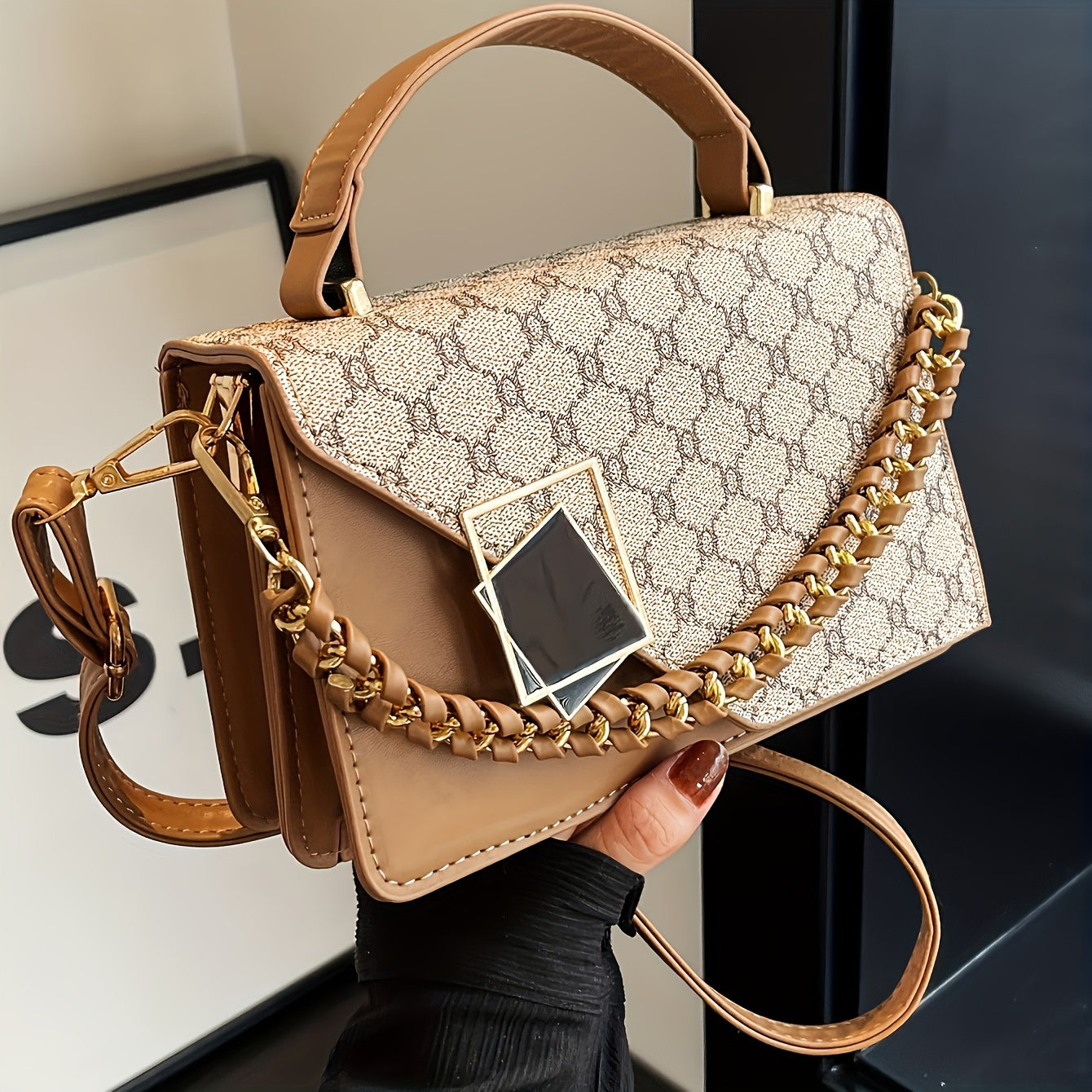 LABOONOO Geometric Chain-Link Handle Small Square Handbag - Handbag with Adjustable Strap, Zipper Closure & Polyester Lining, Deep Brown/Grey/White for Casual & Formal Occasions, Small Handbag, Versatile Purse, Decorative Cha