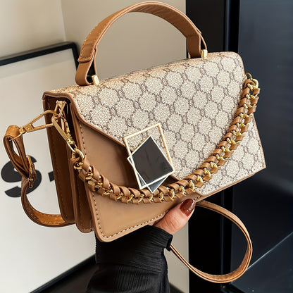 LABOONOO Geometric Chain-Link Handle Small Square Handbag - Handbag with Adjustable Strap, Zipper Closure & Polyester Lining, Deep Brown/Grey/White for Casual & Formal Occasions, Small Handbag, Versatile Purse, Decorative Cha