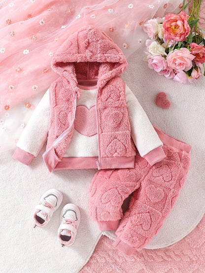 3pcs Girls' Baby Fashion Casual Jacquard Heart Plush Hooded Vest and Heart Embroidered Plush Pullover Top and Jacquard Heart Plush Drawstring Pants for Autumn/Winter, Perfect for Outdoor