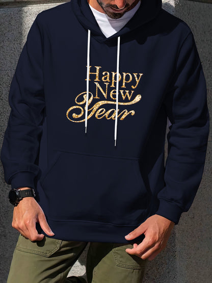 Men'S Golden Letter Print Hooded Sweatshirt - Happy New Year Lettering, Soft Knit Micro-Elastic Fabric, Loose Fit Casual Pullover Hoodie with Front Pocket, Streetwear Style, Unisex Apparel, Durable Material, Trendy Design, Ho
