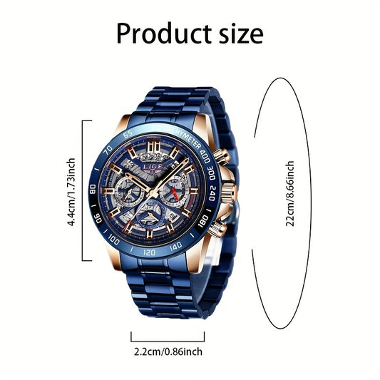 LIGE Watch, Fashion Teen Men's Watches, Multifunctional Stainless Steel Quartz Watches, Waterproof Watches, for Sports, College Various Scenes, Holiday Gifts, Party Gifts, Birthday Gifts, Black Blue Watches
