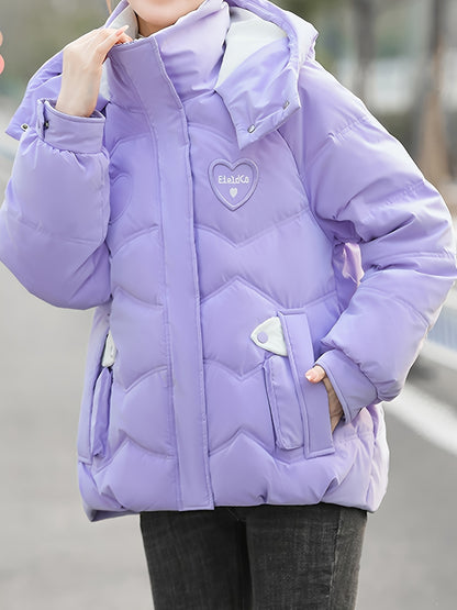 Women's Winter Hooded Jacket - Stylish Beige & White Zip-Up Coat with Heart Design, Warm Polyester Outerwear for Casual or Chic Looks, Winter Jacket