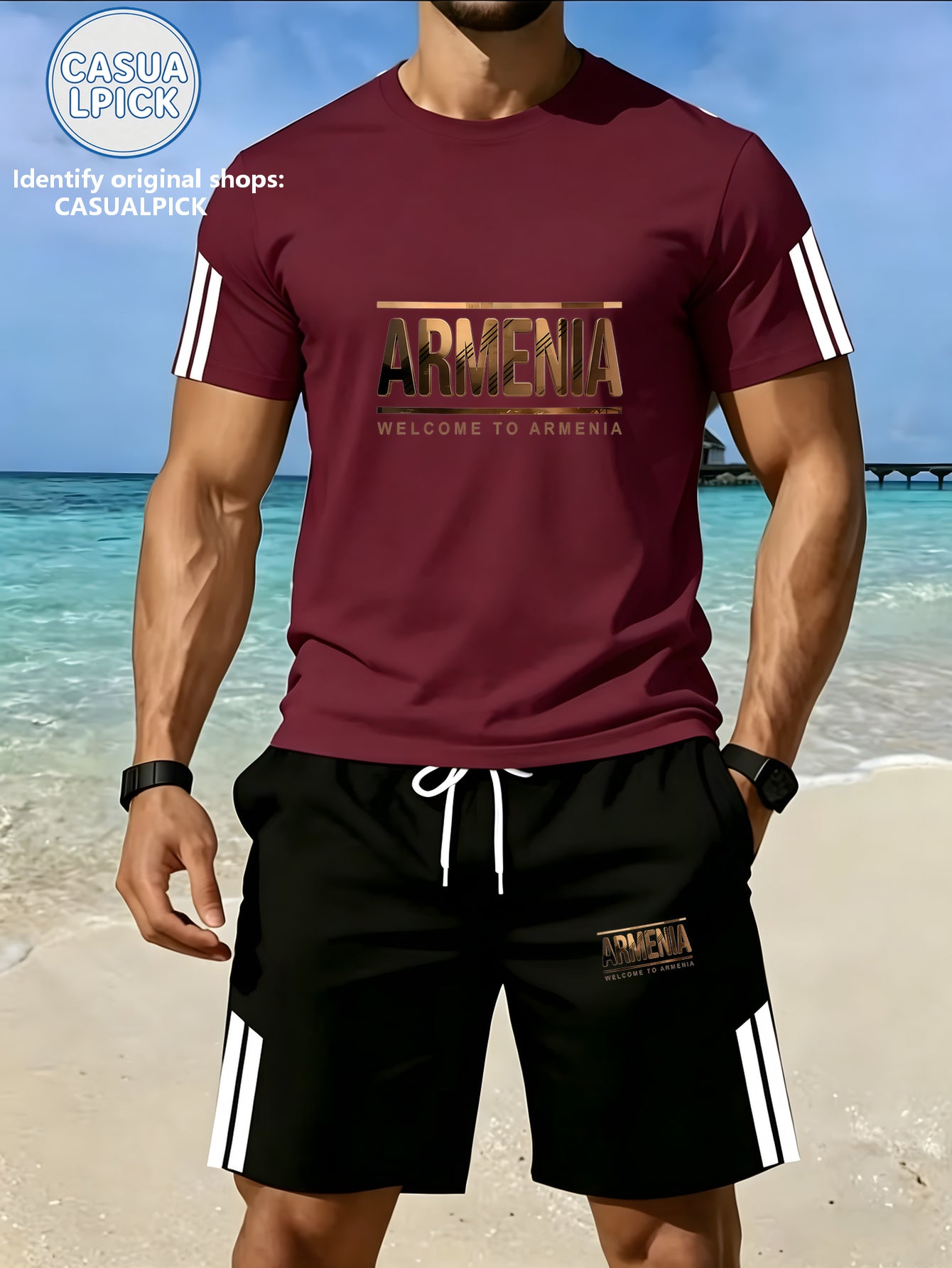 Men's Casual Short-Sleeve Top and Shorts Set with Print