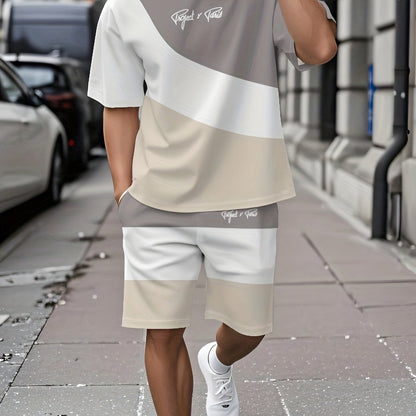Summer New Round Neck Short Sleeve T-Shirt Set, 3-Color Patchwork Pattern, Front Chest Fashion Letter, Casual Style, Simple Matching Outfit Suitable for Date Night