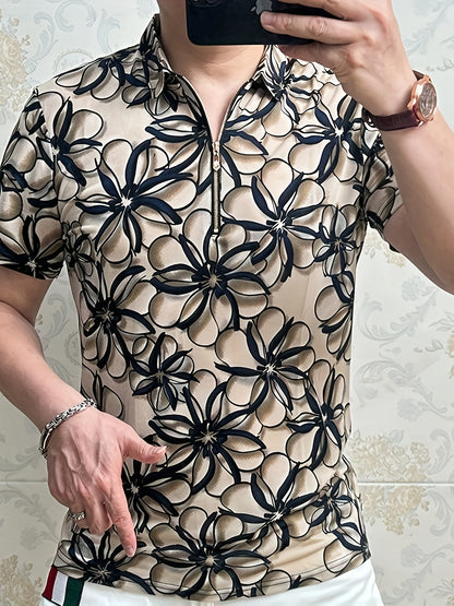Men'S Lightweight Floral Print Short Sleeve T-Shirt - Stylish Black  Beige Business Casual Top with Zipper Detail, Regular Fit for Summer, Summer Casual Wear   Modern Casual Style   Stylish Button Details