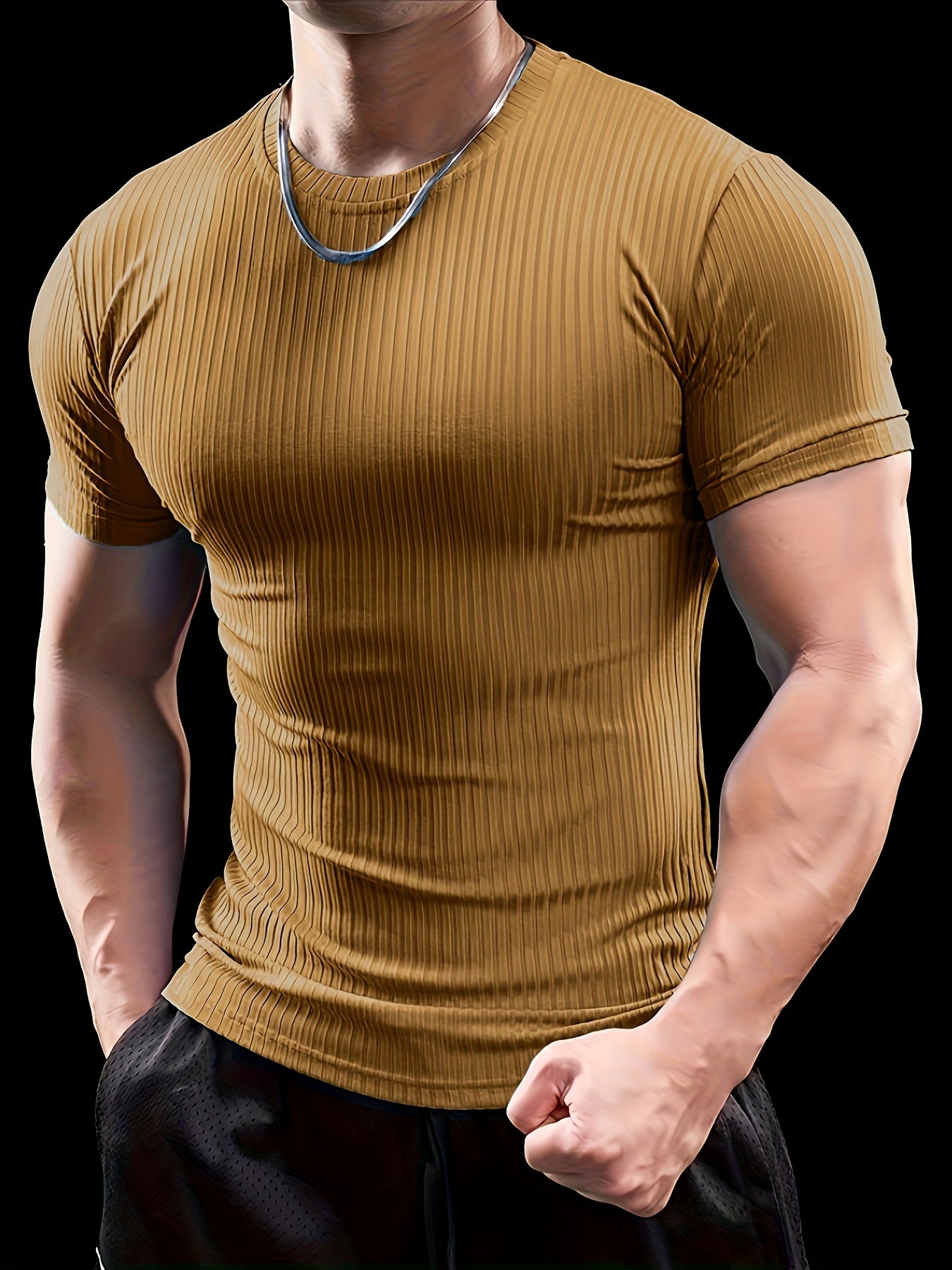 Men's Slim Fit Ribbed Short Sleeve T-Shirt - Stretchy Athletic  Casual Wear, Green, Round Neck, Machine Washable, Muscle-Enhancing Design, Gym Shirts