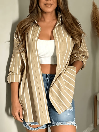 Casual Loose Striped Lapel Shirt with Pocket for All Seasons