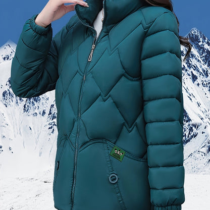 Plus Size - Women'S Stylish Red Quilted Jacket - Long Sleeve, Zip-Up Winter Coat with Pockets, Casual Polyester Outerwear for Cold Weather, Winter Jacket