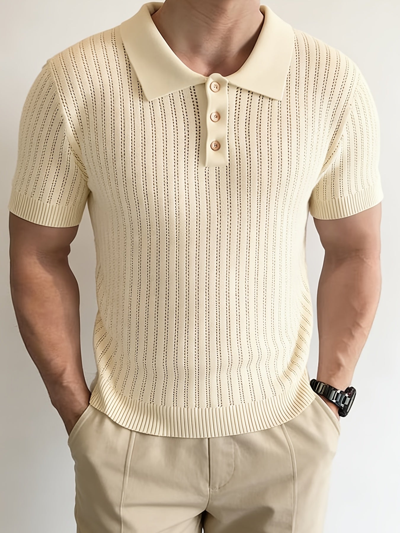 Men'S Summer Knitted Polo Shirt | Breathable Striped Design, Casual Lapel Collar, Short Sleeves, Three-Button Closure, Slim Fit, Ideal For Business Casual And Travel - ayq