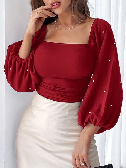 Women's Elegant Pearl-Adorned Square Neck Puff Sleeve Blouse - Short Ruffled Hem Red Top, Solid Burgundy Shirt for Spring/Fall, Semi-Formal & Casual Attire, Machine Washable with Pearl Buttons & Layered Ruffled Sleeves, Struc