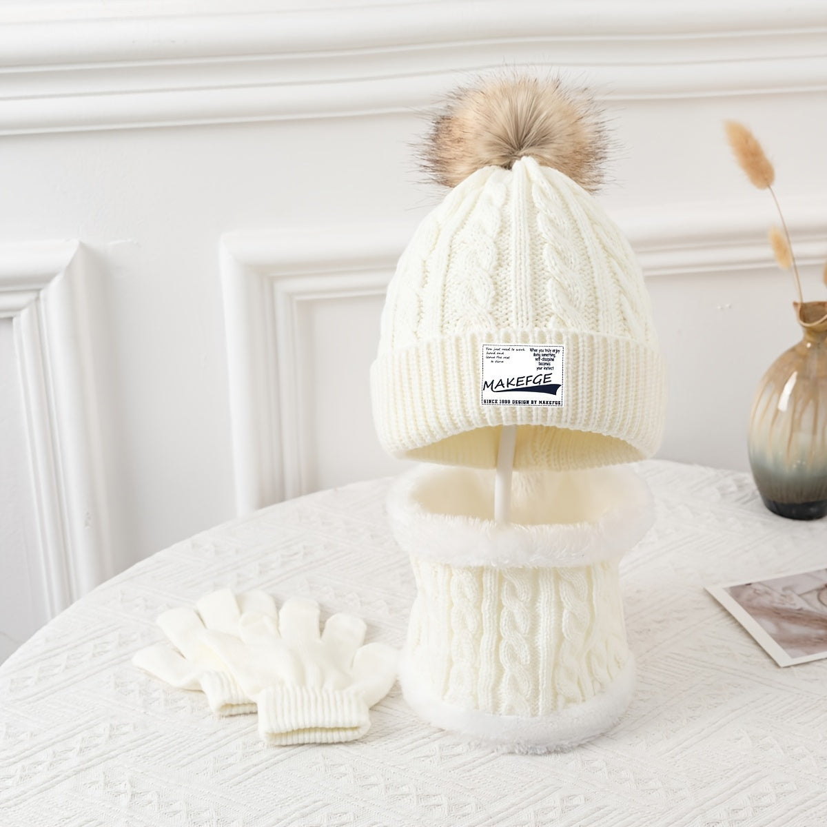 Youngsters's Autumn and Winter Warm Knitted Hat, Scarf, and Gloves Three-Piece Set for Boys and Girls - Cold Protection Outfit