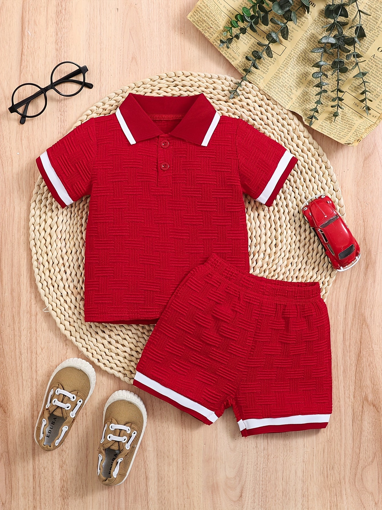 Boys' Summer Polo Shirt & Shorts Set in Jacquard Fabric