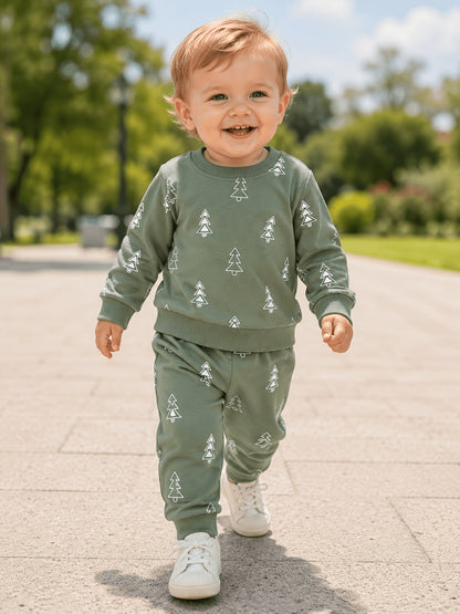 Baby Boys' Cotton Christmas Two-Piece Set with Tree Print
