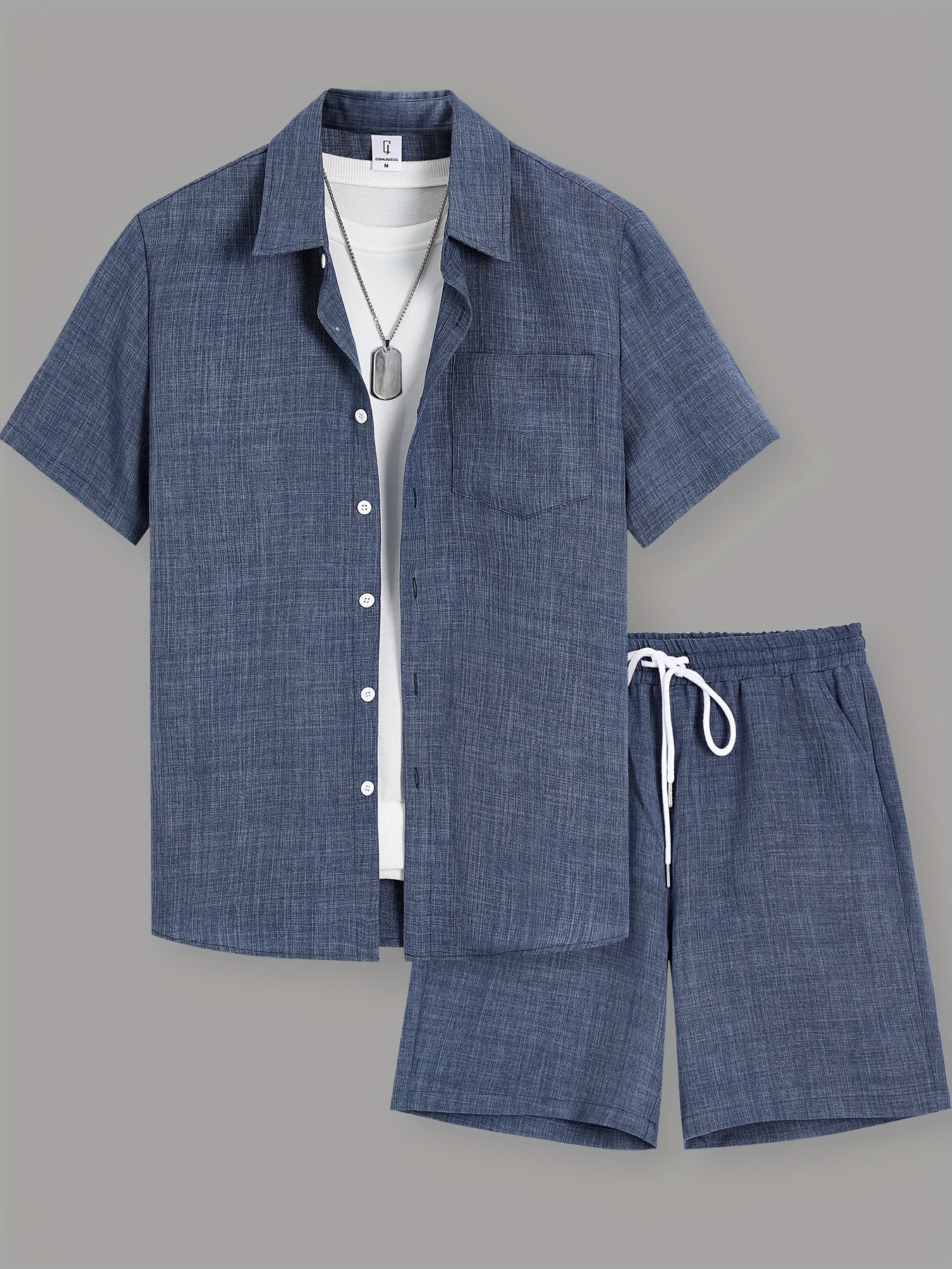 Men's Summer Casual Solid Color Shirt and Shorts Set