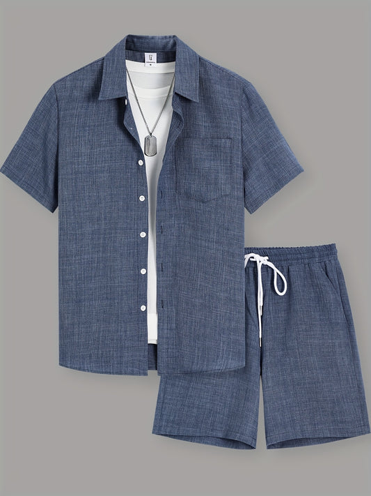 Men's Summer Casual Solid Color Shirt and Shorts Set