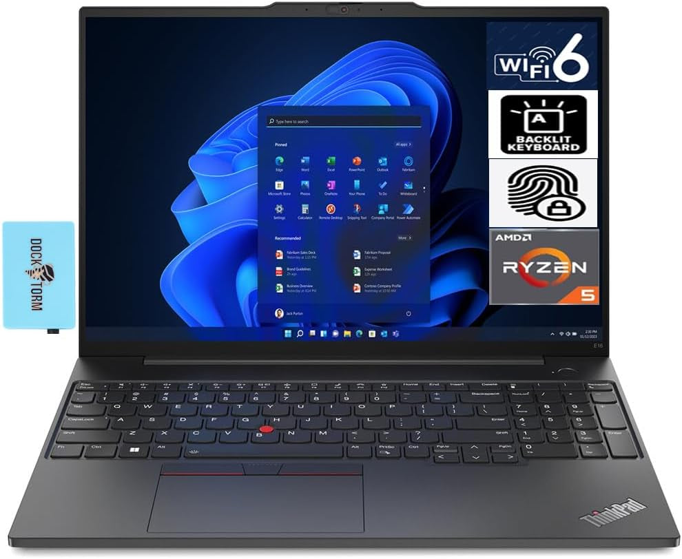 Lenovo Thinkpad E16 Gen 1 Business Laptop 16.0" WUXGA IPS Display 300 Nits (AMD Ryzen 5 7530U 6-Core 2.00Ghz, 16GB RAM, 512GB Pcie SSD, AMD Radeon, Backlit KYB, FP, Wifi 6, Win11Pro) W/Dockztorm Hub