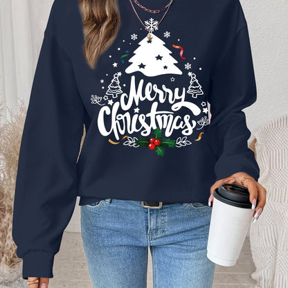Women's Red Christmas Tree & Lettering Sweater - Cozy Winter Pullover with Round Neck Long Sleeve, Thickened Sweating-Reducing Blouse for Xmas Party Outfits, Family Gatherings (Machine Washable, Autumn/Winter Clothing)