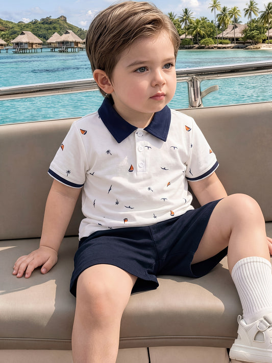 Boys' Summer Nautical Polo Shirt and Navy Shorts Set