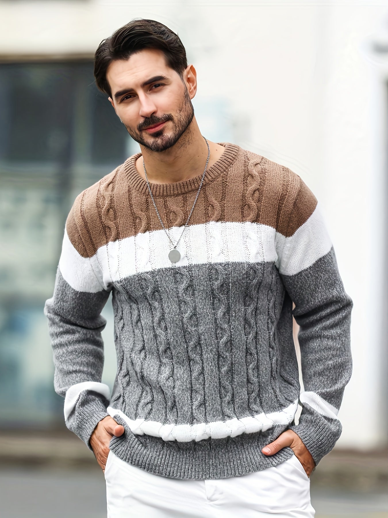 Men's Color-blocked Tweed Knitted Sweater, Round-neck Long-sleeved Knitted Color-blocked Light Gray for Business and Casual Outings