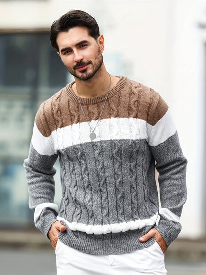 Men's Color-blocked Tweed Knitted Sweater, Round-neck Long-sleeved Knitted Color-blocked Light Gray for Business and Casual Outings
