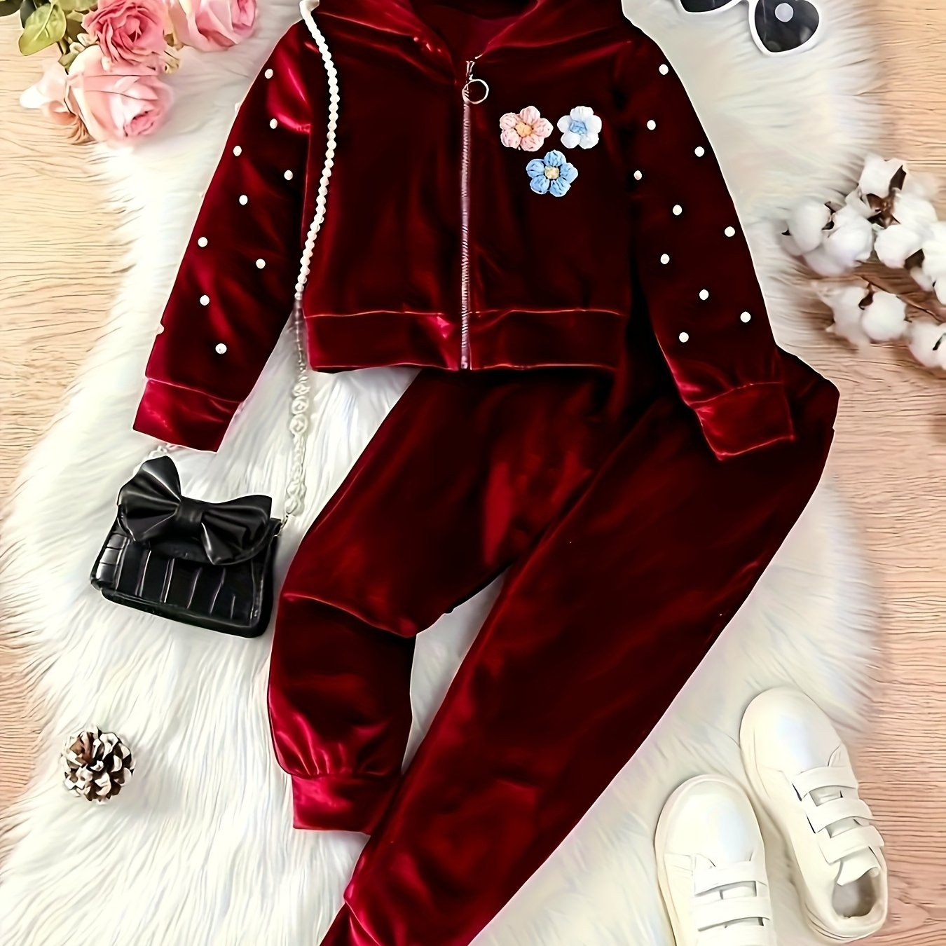 2pcs Velvet Girls' Luxury Long Sleeve Three-Dimensional Floral Hoodie and Jogger Set - Soft, Warm, Stylish for Winter and Autumn Parties