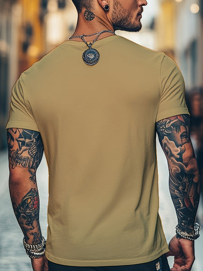 Men'S Brown T-Shirt with ECG Heartbeat Graphic - Casual Streetwear, Short Sleeve, Round Neck, Stretch Fabric, All-Season Comfort, Casual Streetwear Tee   Round Neck Tshirt   Comfortable Fit