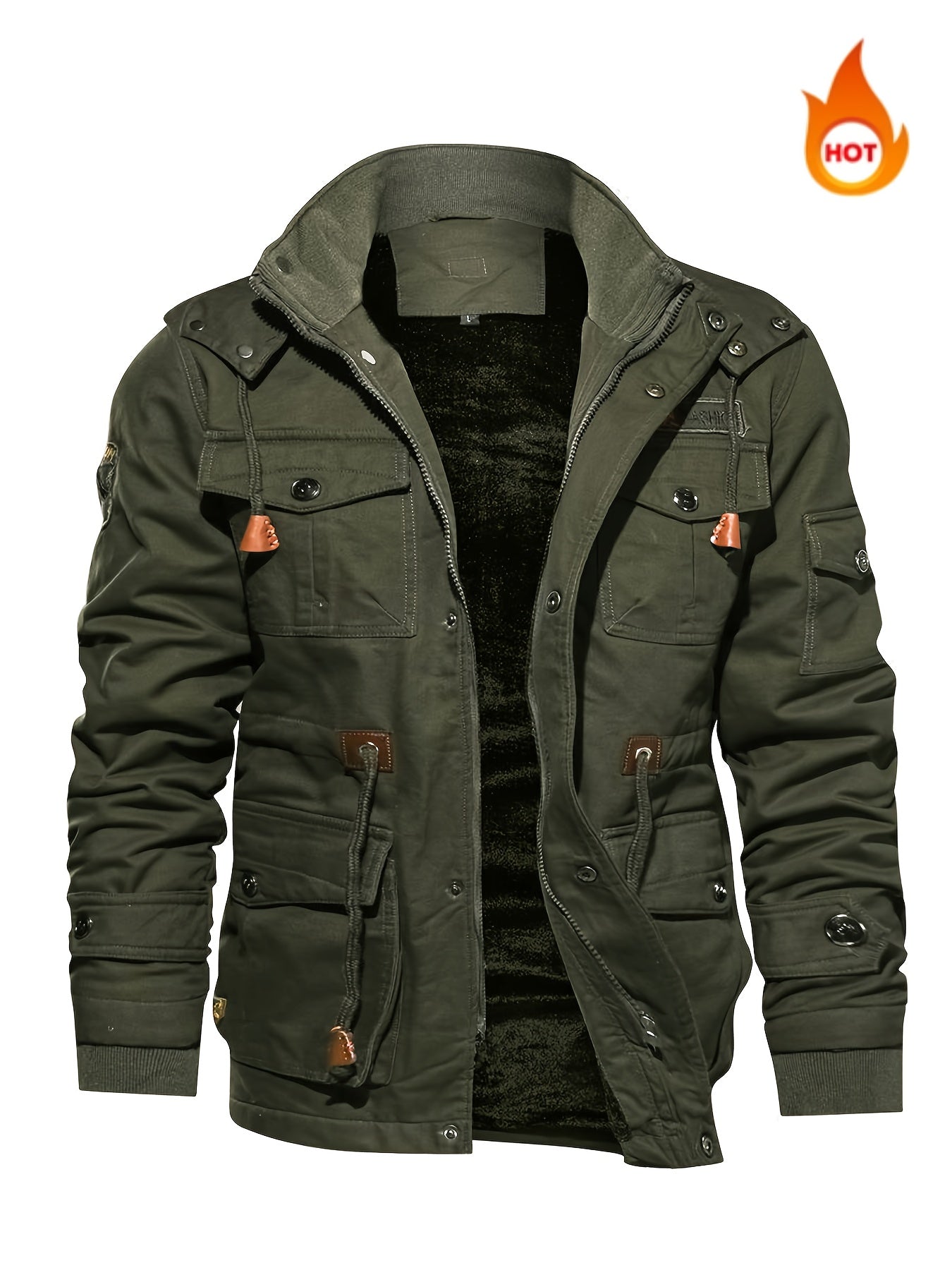 Men'S Winter Fleece-Lined Military-Style Jacket - Thickened Zip-Up Coat with Large Pockets, Olive Green Casual Winter Coat for Outdoor Activities, Winter Coats, Durable Fabric Coat