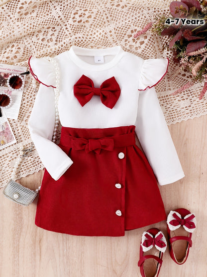 3pcs Girls' Set with 3D Bow Long Sleeve Top, Red Skirt, and Belt for Autumn