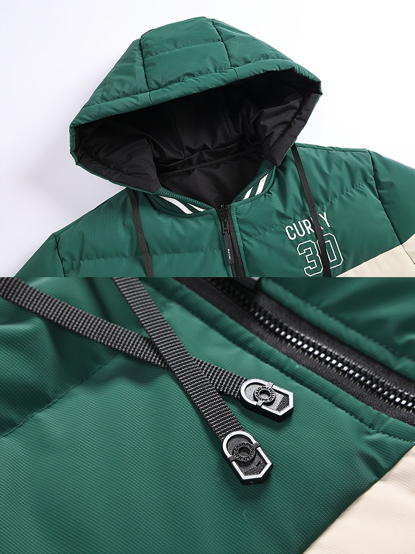 Men's Modern Streetwear Hooded Jacket with Embroidered Lettering, Color-Block Design, Removable Hood & Polyester Fill - Machine Washable Long Sleeve Coat with Pockets for Fall Winter Casual Wear