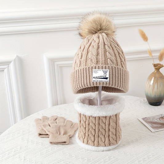 Youngsters's Autumn and Winter Warm Knitted Hat, Scarf, and Gloves Three-Piece Set for Boys and Girls - Cold Protection Outfit