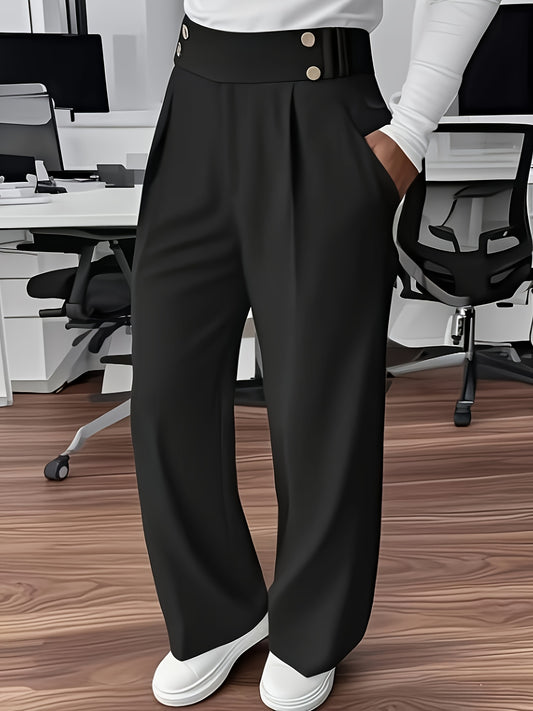 Women's Elegant Button-Waist Straight Leg Polyester Trousers - ayq