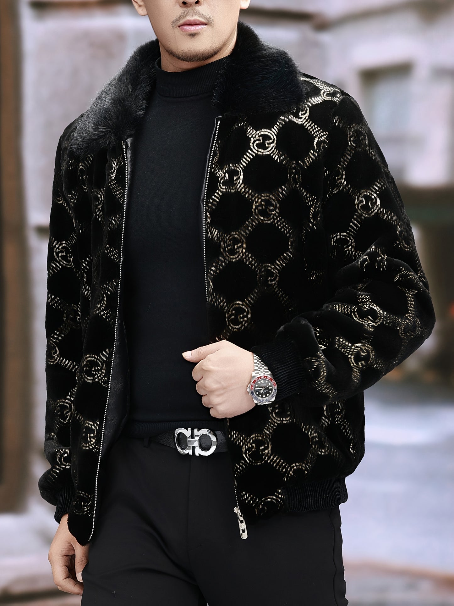 Men'S Winter Faux Fur Jacket | Black & Golden Contrast Design | Notch Lapel Collar | Zippered Closure | Polyester Lining | Stylish & Functional for Formal Occasions, Winter Outerwear | Contrast Color Jacket | Notch Lapel Coll