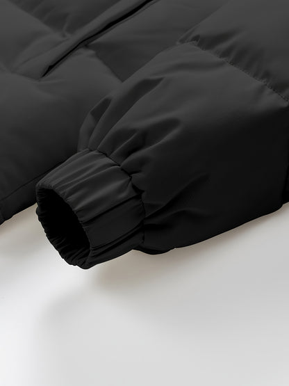 Men'S 2025 New Casual Jacket - Black, Stand Collar, Zip-Up, Long Sleeve, Polyester Filled, Winter Coat with Adjustable Drawstring Hood