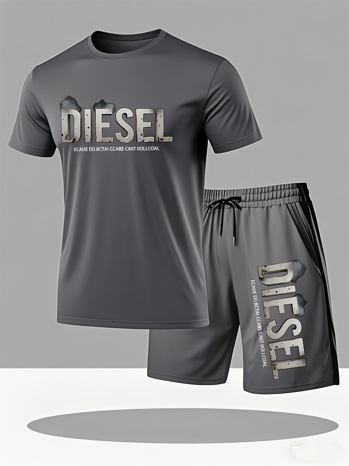 Summer Men'S Casual Sports Short Sleeve T-Shirt and Shorts Set, Comfortable Breathable, Suitable for Outdoor Jogging Running Fitness, Diesel Letter Print Design - 2pcs Set