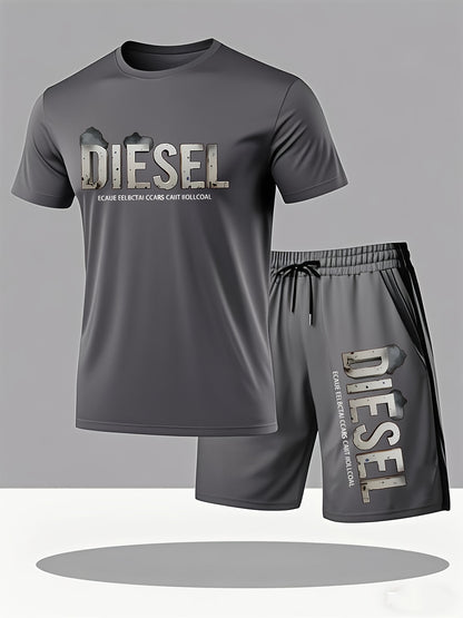 Summer Men'S Casual Sports Short Sleeve T-Shirt and Shorts Set, Comfortable Breathable, Suitable for Outdoor Jogging Running Fitness, Diesel Letter Print Design - 2pcs Set