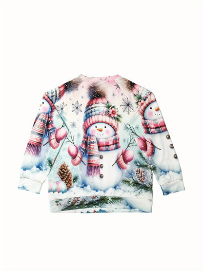 Women's Cozy Christmas Snowman Print Sweatshirt - Cute Pink Sweater with Collar & Raglan Sleeves, Soft Polyester-Spandex Blend Pullover for Winter Parties, Casual Holiday Sweater (Machine Washable)