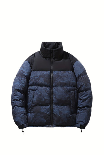 Men's Winter Jacket Windproof Coat with Stand Collar & Camo Marbled Pattern (Black/White/Grey) - Thickened Padded, Full-Zip Closure, for Skiing,, Outdoor Activities - Cold Weather Survival