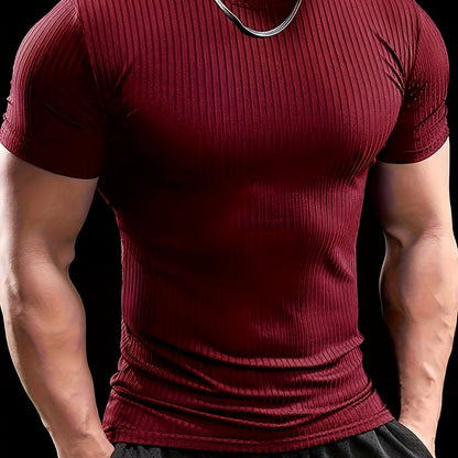 Men's Slim Fit Ribbed Short Sleeve T-Shirt - Stretchy Athletic  Casual Wear, Green, Round Neck, Machine Washable, Muscle-Enhancing Design, Gym Shirts