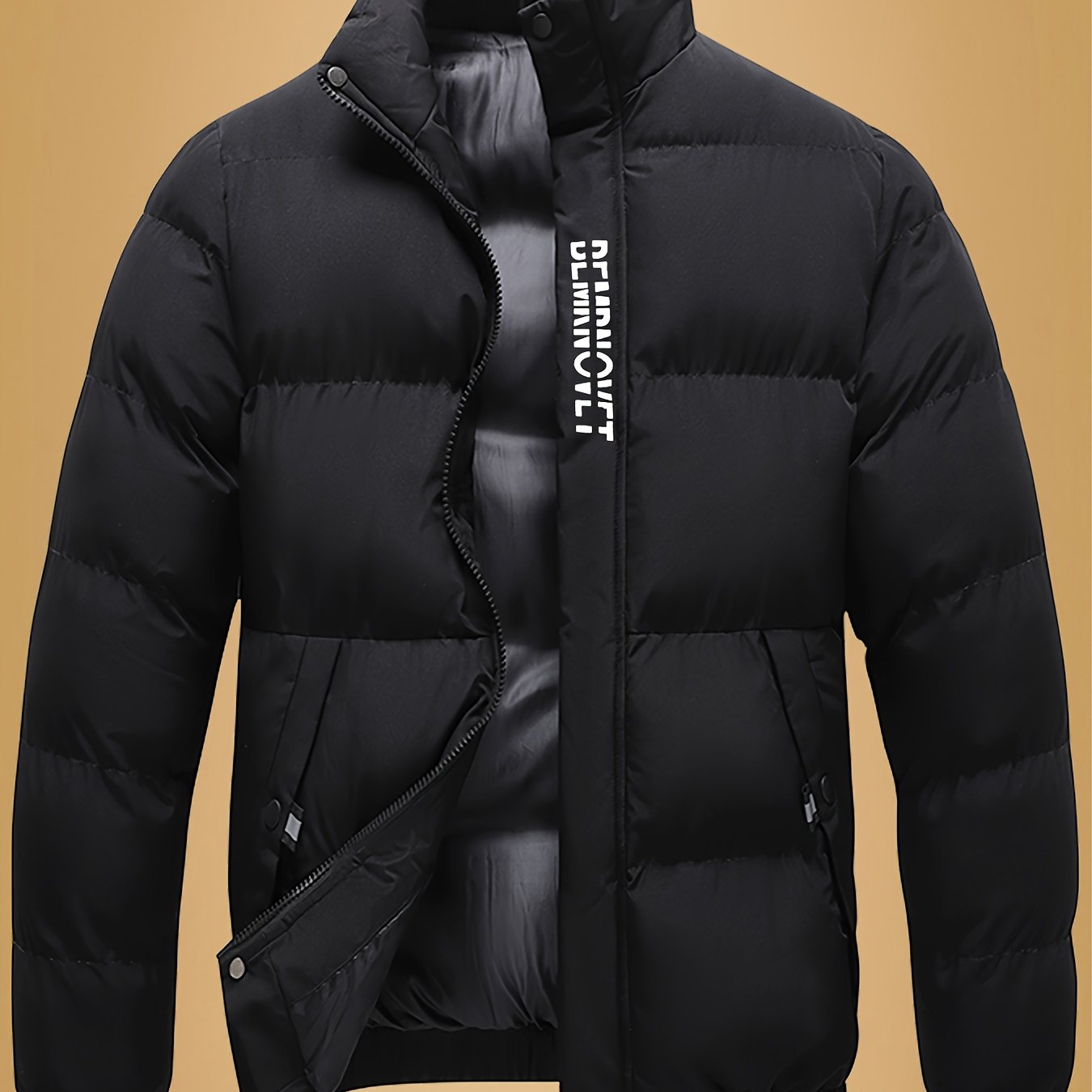 Men's Heavy-Duty Thermal Jacket - Winter Outerwear with Stand Collar & Full-Length Zipper Closure, Black/White Coat with Lettering - Machine Washable Cold Weather Jacket for Men (Casual & Formal) - Ideal for Skiing, Snowboard